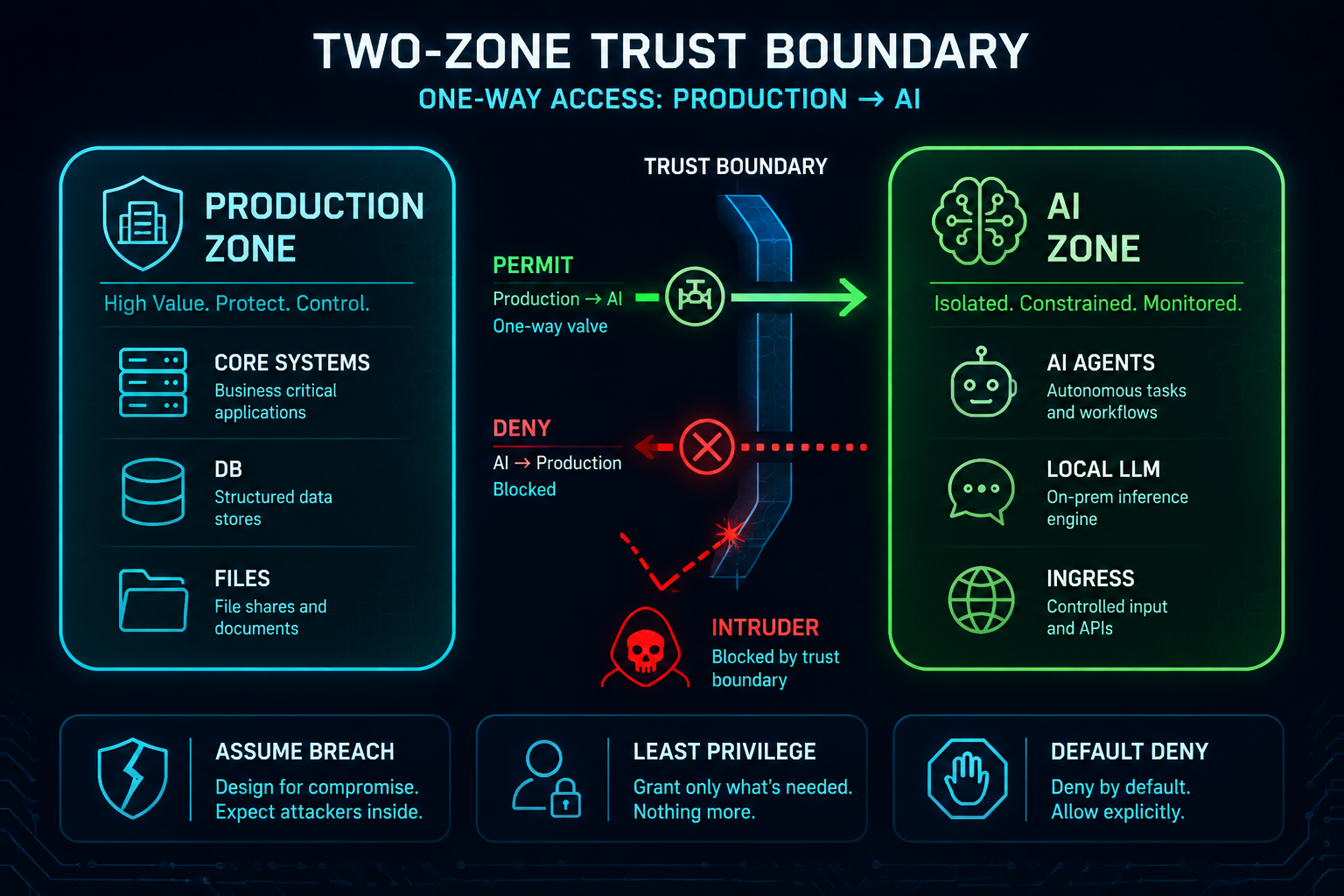Figure 2 — Two-zone trust boundary & blast-radius containment